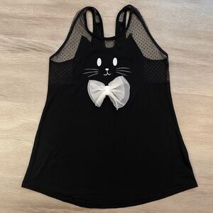 Hot Topic Black Mesh Cat Tank Top Size Large Sheer Bow Kawaii Goth